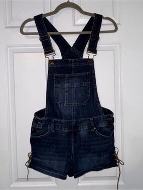 Blue Spice Y2K vintage Dark wash Blue Denim shortalls Overalls side lace up 7